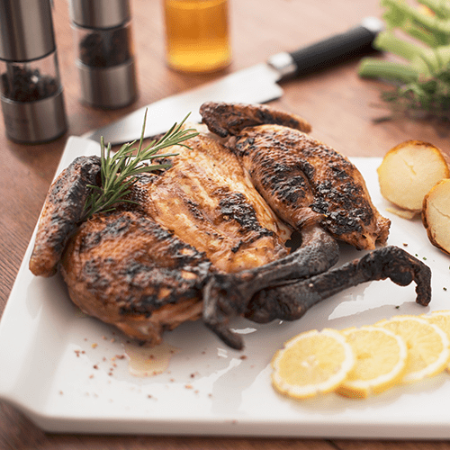 Poulet fermier en crapaudine grillé mariné au citron et miel de citronnier