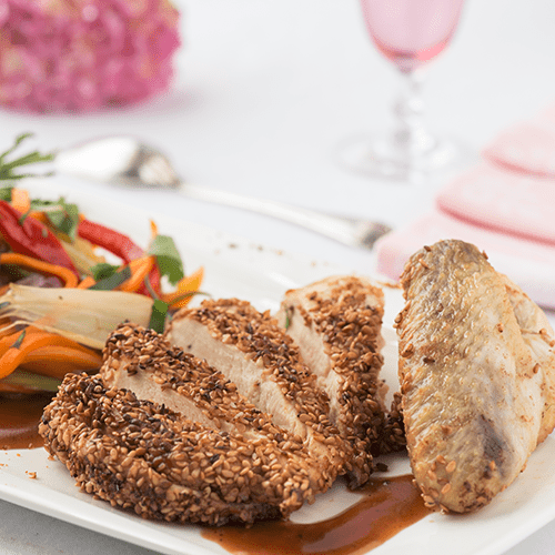 Méli-mélo de légumes au miel de romarin Famille Mary, poulet sauté en croute de sésames